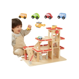 VIGA Drewniany Parking dla Samochodzików z Windą 4 Autka Helikopter