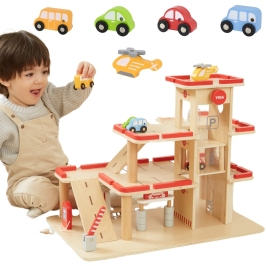 VIGA Drewniany Parking dla Samochodzików z Windą 4 Autka Helikopter VIGA Drewniany Parking dla Samochodzików z Windą 4 Autka Helikopter