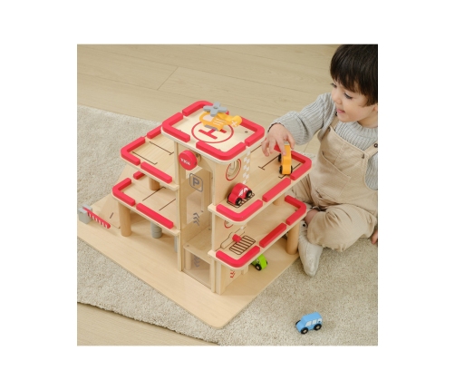 VIGA Drewniany Parking dla Samochodzików z Windą 4 Autka Helikopter