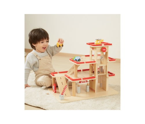 VIGA Drewniany Parking dla Samochodzików z Windą 4 Autka Helikopter