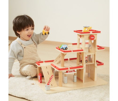 VIGA Drewniany Parking dla Samochodzików z Windą 4 Autka Helikopter