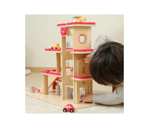 VIGA Drewniany Parking dla Samochodzików z Windą 4 Autka Helikopter