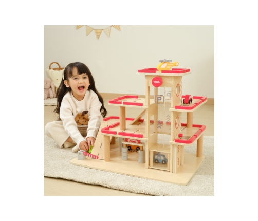 VIGA Drewniany Parking dla Samochodzików z Windą 4 Autka Helikopter