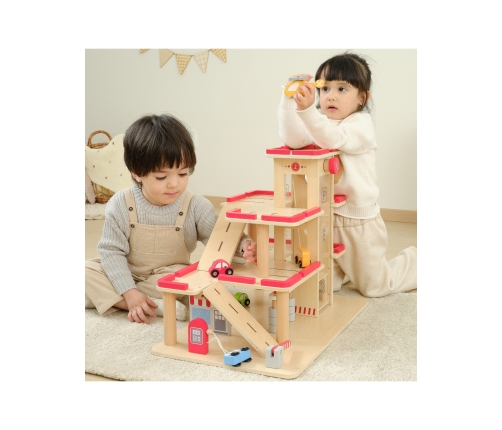 VIGA Drewniany Parking dla Samochodzików z Windą 4 Autka Helikopter