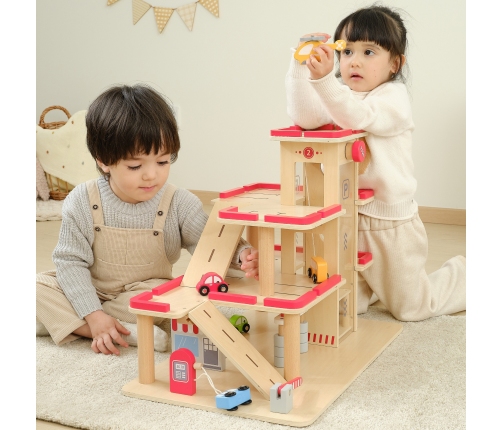 VIGA Drewniany Parking dla Samochodzików z Windą 4 Autka Helikopter