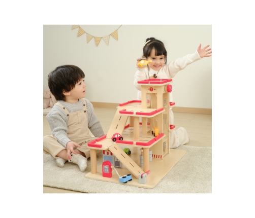 VIGA Drewniany Parking dla Samochodzików z Windą 4 Autka Helikopter