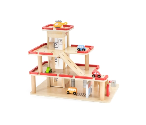 VIGA Drewniany Parking dla Samochodzików z Windą 4 Autka Helikopter
