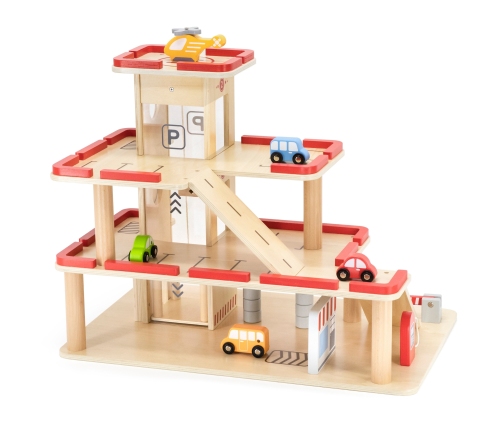 VIGA Drewniany Parking dla Samochodzików z Windą 4 Autka Helikopter