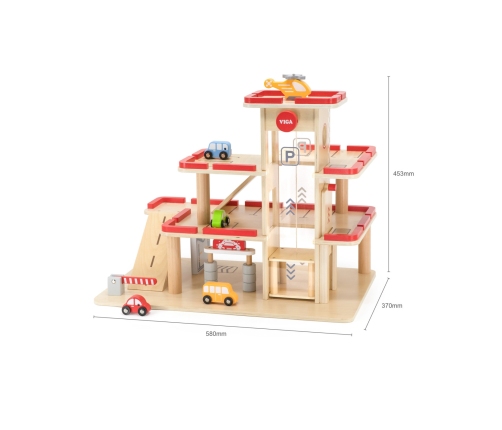 VIGA Drewniany Parking dla Samochodzików z Windą 4 Autka Helikopter