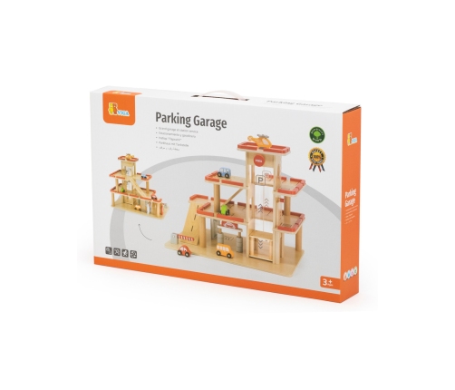 VIGA Drewniany Parking dla Samochodzików z Windą 4 Autka Helikopter