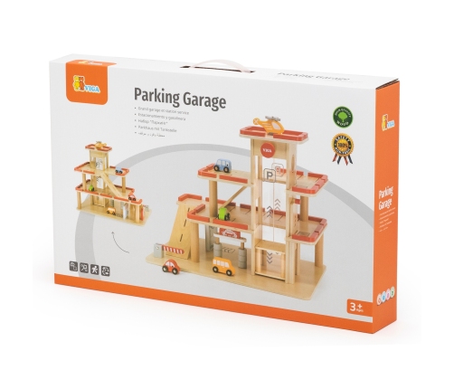 VIGA Drewniany Parking dla Samochodzików z Windą 4 Autka Helikopter