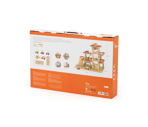 VIGA Drewniany Parking dla Samochodzików z Windą 4 Autka Helikopter