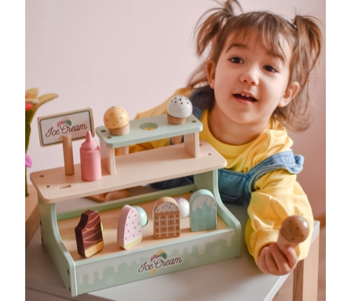 WOOPIE GREEN Drewniana Lodziarnia Sklepik Zestaw z Lodami Stragan 16 EL