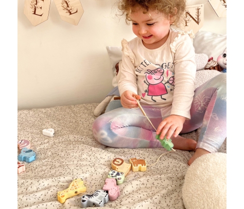 WOOPIE GREEN Drewniana Nawlekanka Klocki Przeplatanka ZOO Montessori 13 el.