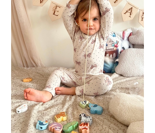 WOOPIE GREEN Drewniana Nawlekanka Klocki Przeplatanka ZOO Montessori 13 el.