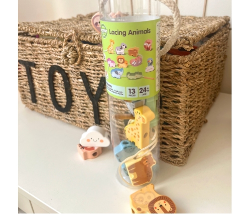 WOOPIE GREEN Drewniana Nawlekanka Klocki Przeplatanka ZOO Montessori 13 el.