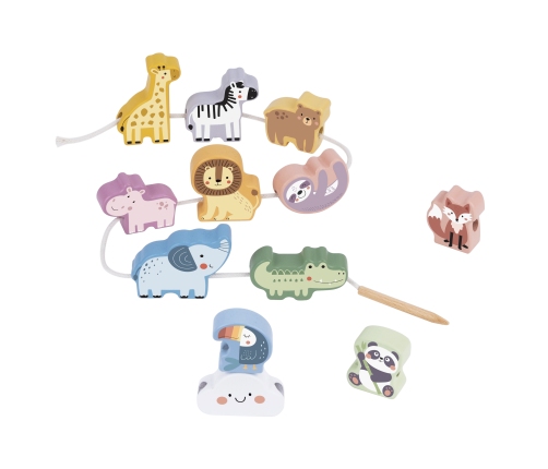 WOOPIE GREEN Drewniana Nawlekanka Klocki Przeplatanka ZOO Montessori 13 el.