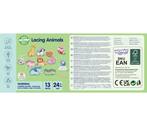 WOOPIE GREEN Drewniana Nawlekanka Klocki Przeplatanka ZOO Montessori 13 el.