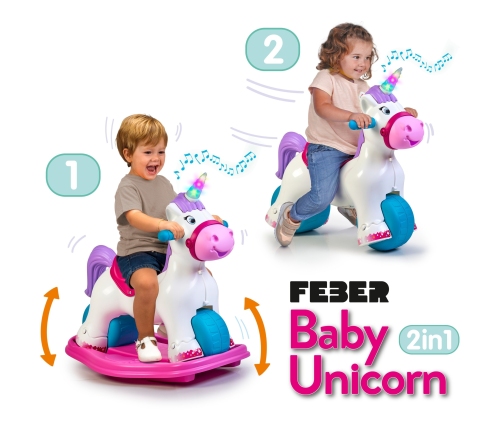 FEBER Interaktywny Bujany Jednorożec 2w1 – Jeździk Biegowy