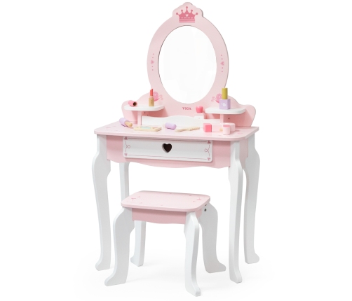 VIGA Duża Toaletka Drewniana Biało-Różowa z Lustrem i Krzesełkiem