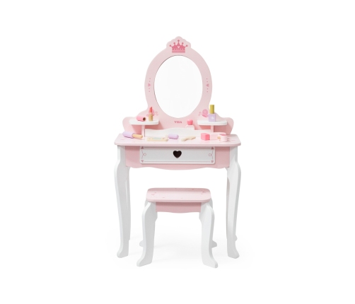 VIGA Duża Toaletka Drewniana Biało-Różowa z Lustrem i Krzesełkiem