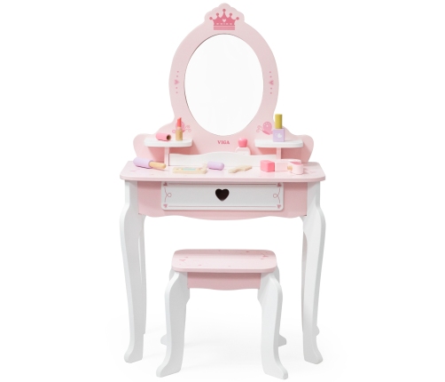 VIGA Duża Toaletka Drewniana Biało-Różowa z Lustrem i Krzesełkiem