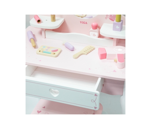 VIGA Duża Toaletka Drewniana Biało-Różowa z Lustrem i Krzesełkiem