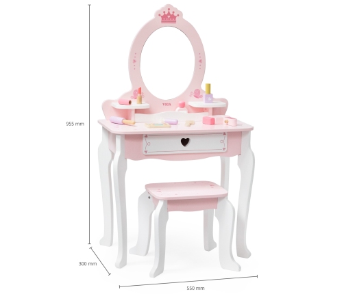 VIGA Duża Toaletka Drewniana Biało-Różowa z Lustrem i Krzesełkiem