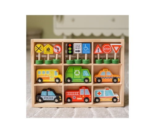 WOOPIE GREEN Zestaw Drewnianych Pojazdów i Znaków Drogowych
