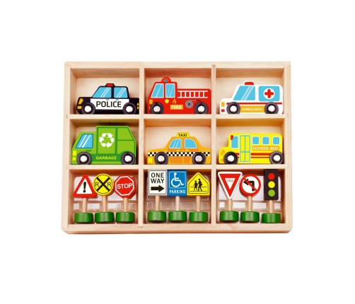 WOOPIE GREEN Zestaw Drewnianych Pojazdów i Znaków Drogowych