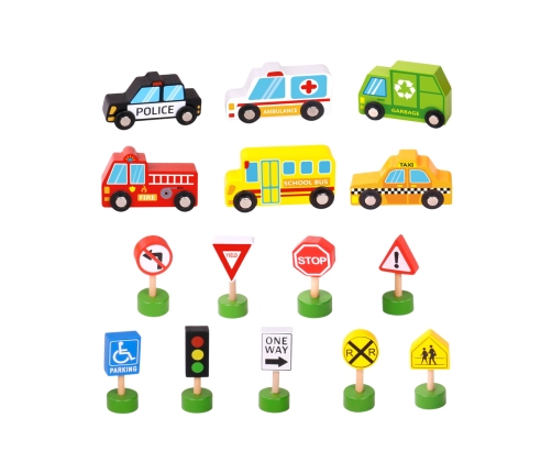 WOOPIE GREEN Zestaw Drewnianych Pojazdów i Znaków Drogowych