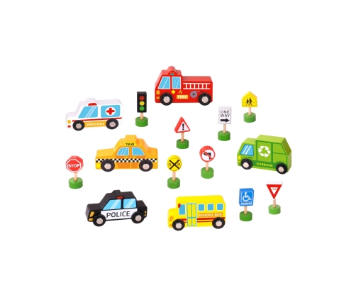 WOOPIE GREEN Zestaw Drewnianych Pojazdów i Znaków Drogowych