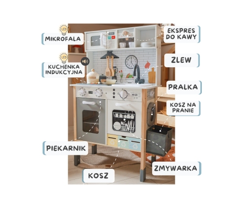 WOOPIE GREEN Drewniana Interaktywna Kuchnia 9w1 z Pralką i Tablicą