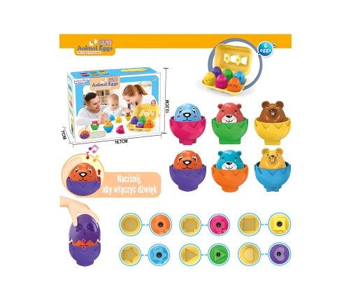 WOOPIE Układanka Sorter Montessori Dopasuj Kształty Wesołe Zwierzaki Jajka 6szt