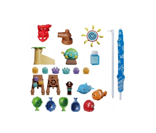 WOOPIE Stolik Wodny 2w1 Piaskownica Statek Piracki z Parasolem XL z Maszyna do Robienia Baniek Mydlanych