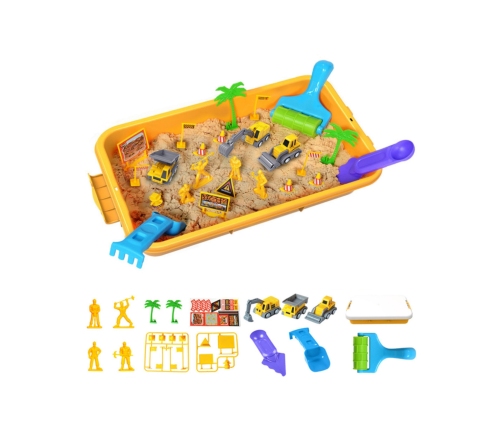 WOOPIE Piasek Kinetyczny 1,5 kg Zestaw XXL Plac Budowy Stolik z Foremkami i Pojazdami