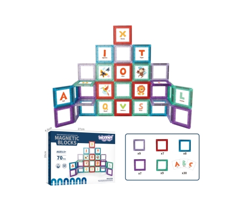 WOOPIE Przestrzenne Klocki Magnetyczne Nauka Liter 70 Elementów