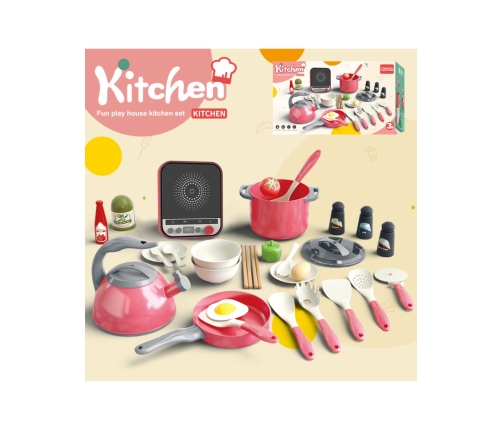 WOOPIE Zestaw Małego Kucharza Indukcja Garnki Patelnia Czajnik Różowy 30el.