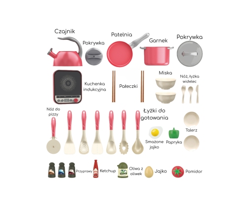 WOOPIE Zestaw Małego Kucharza Indukcja Garnki Patelnia Czajnik Różowy 30el.