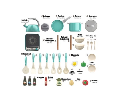 WOOPIE Zestaw Małego Kucharza Indukcja Garnki Patelnia Czajnik Zielony 30el.