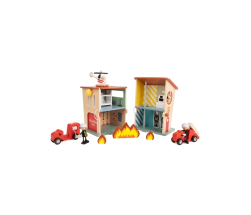 CLASSIC WORLD Remiza Strażacka Drewniana Garaż Auto Helikopter Figurki 13el.