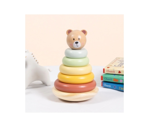 TOOKY TOY Drewniana Układanka Sensoryczna Piramidka Miś Sensoryczny Kolorowy Stacker