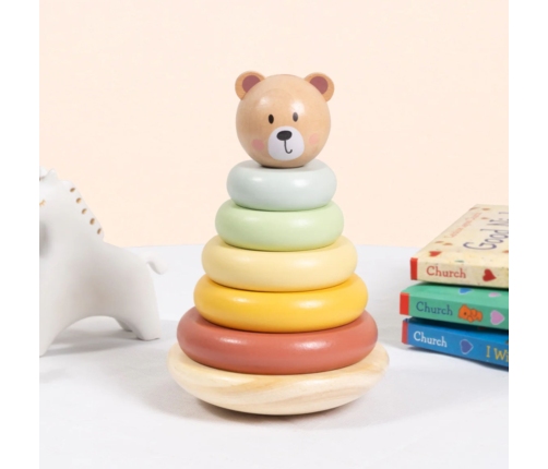 TOOKY TOY Drewniana Układanka Sensoryczna Piramidka Miś Sensoryczny Kolorowy Stacker