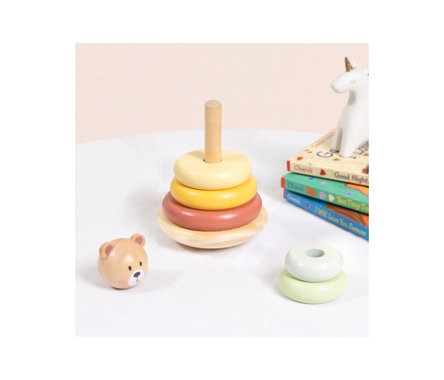 TOOKY TOY Drewniana Układanka Sensoryczna Piramidka Miś Sensoryczny Kolorowy Stacker