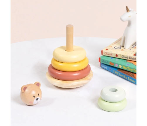 TOOKY TOY Drewniana Układanka Sensoryczna Piramidka Miś Sensoryczny Kolorowy Stacker