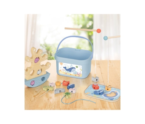 TOOKY TOY Drewniany Zestaw Morskich Zabawek Wieża Balansująca Łowienie Ryb Figurki 23 Elementy