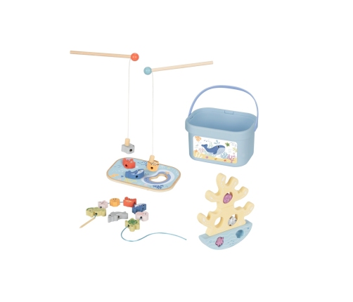 TOOKY TOY Drewniany Zestaw Morskich Zabawek Wieża Balansująca Łowienie Ryb Figurki 23 Elementy