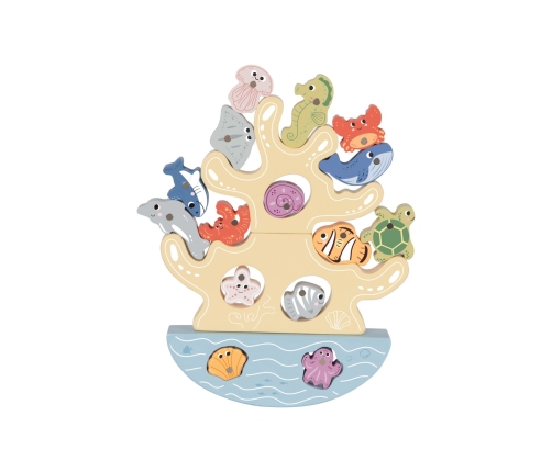 TOOKY TOY Drewniany Zestaw Morskich Zabawek Wieża Balansująca Łowienie Ryb Figurki 23 Elementy