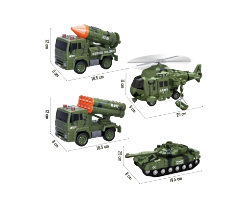 WOOPIE Zestaw Pojazdów Wojskowych z Wyrzutnią Czołg Helikopter 4SZT Skala 1:20