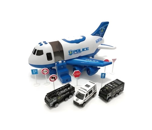 WOOPIE Samolot Rozkładany Transporter Policja z 3 Autami Policyjnymi Zestaw XL Znaki Drogowe